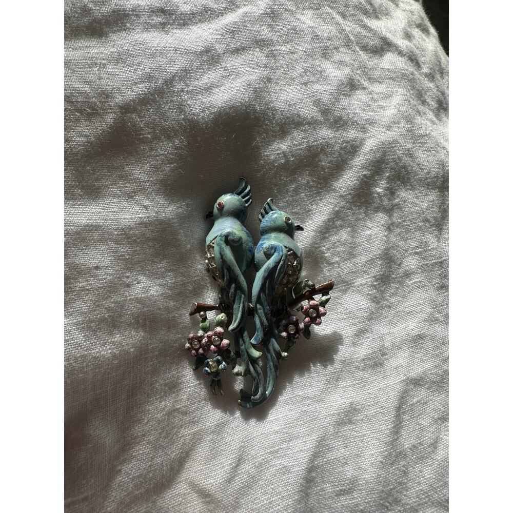 Vintage Coro Duette Love Birds Cockatoo Fur Clip Brooch Pair Enamel Rhinestone